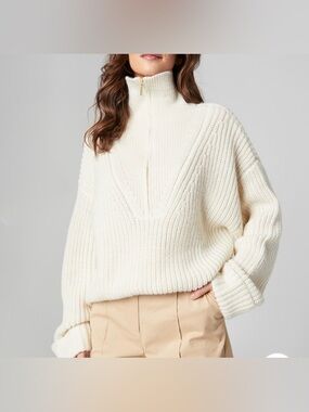 Varley Cream Half-Zip Ribbed Turtleneck Sweater NWT